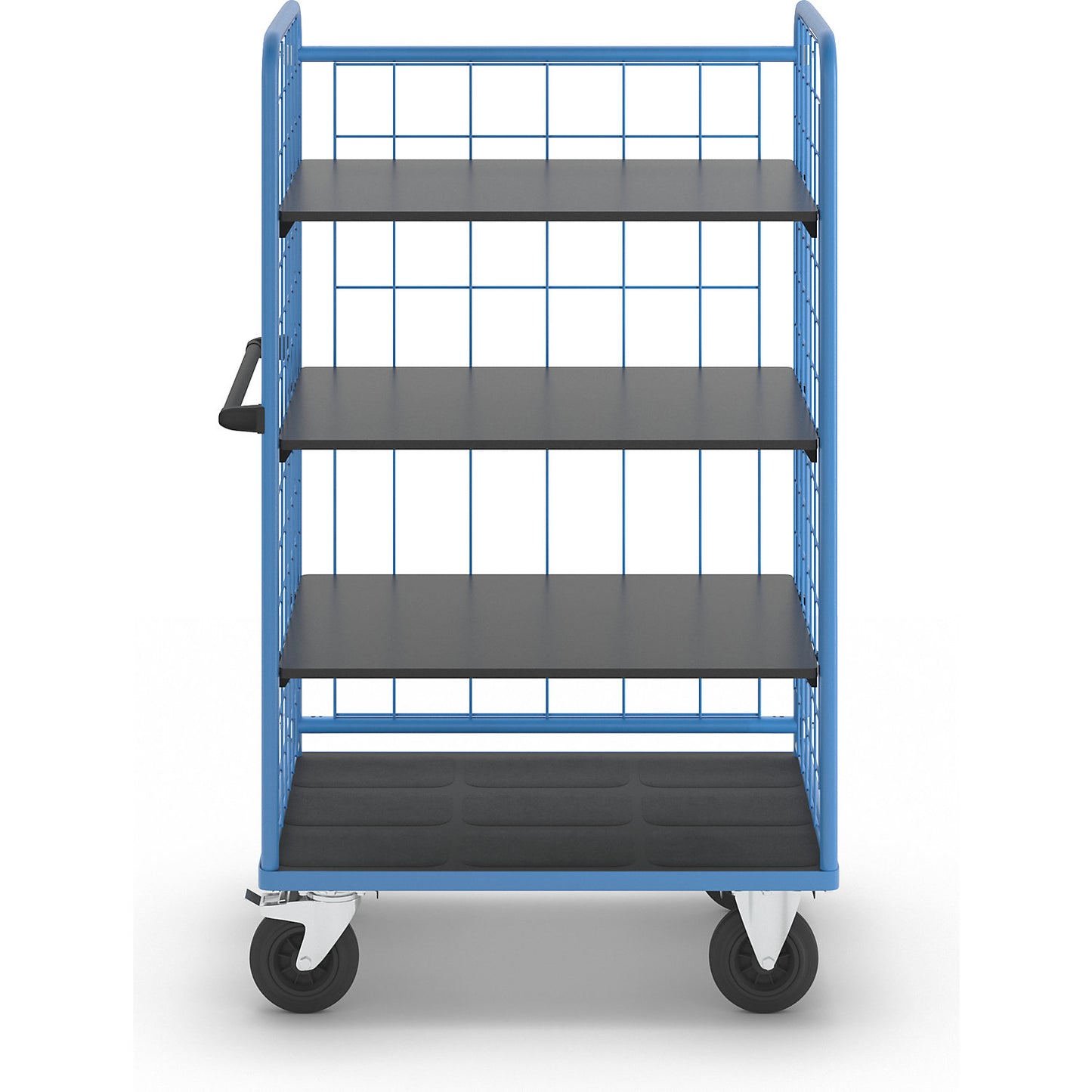 Shelf truck, wire mesh on three sides, max. load 500 kg, solid rubber tyres, platform LxW 975 x 630 mm, 4 levels.