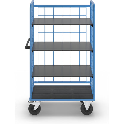 Shelf truck, wire mesh on three sides, max. load 500 kg, solid rubber tyres, platform LxW 975 x 630 mm, 4 levels.