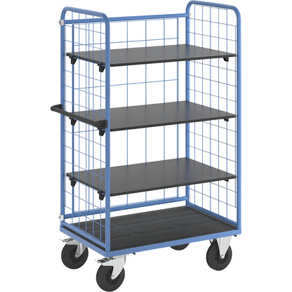Shelf truck, wire mesh on three sides, max. load 500 kg, solid rubber tyres, platform LxW 975 x 630 mm, 4 levels.