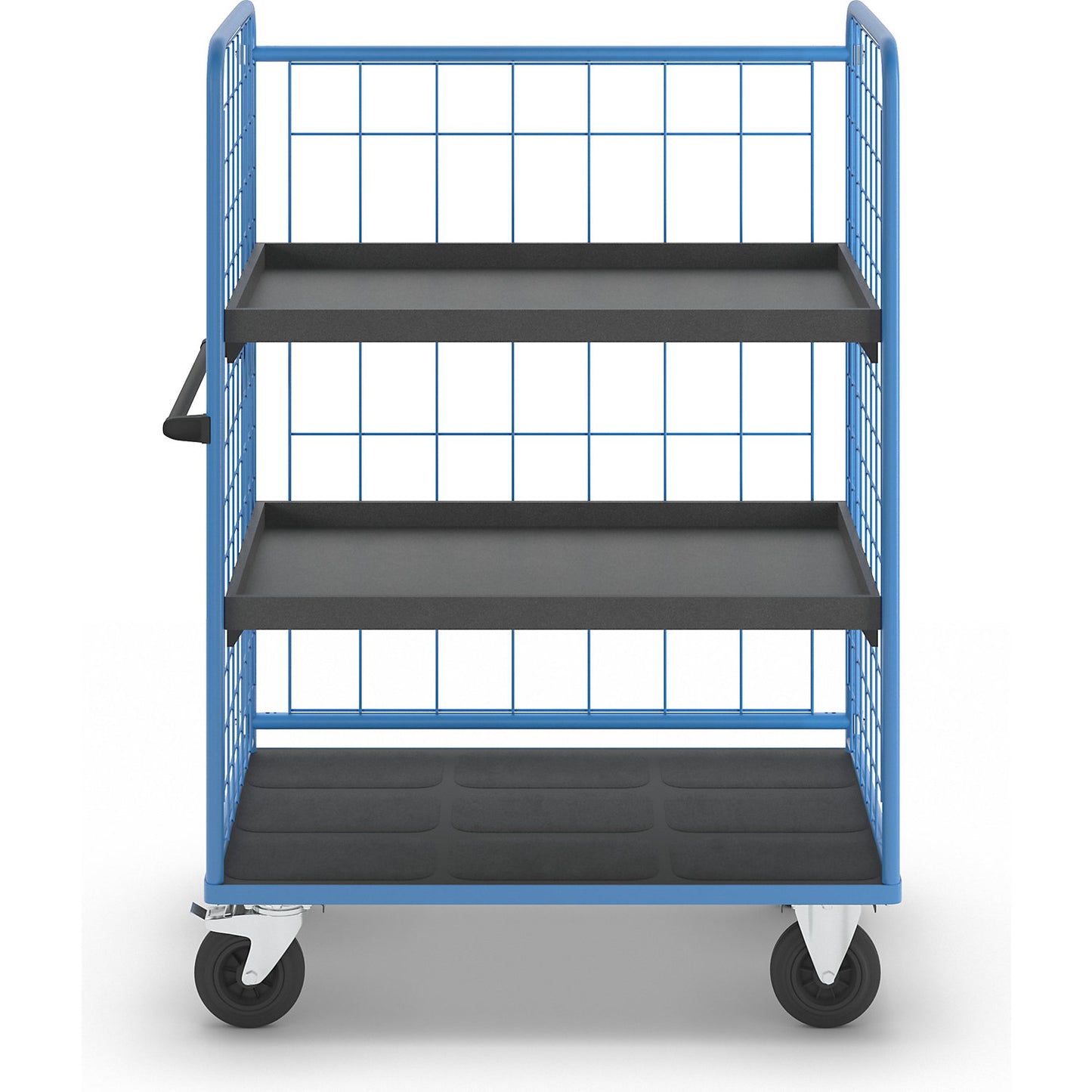 Shelf truck, wire mesh on three sides, max. load 500 kg, solid rubber tyres, platform LxW 1175 x 755 mm, 3 levels, with rim.