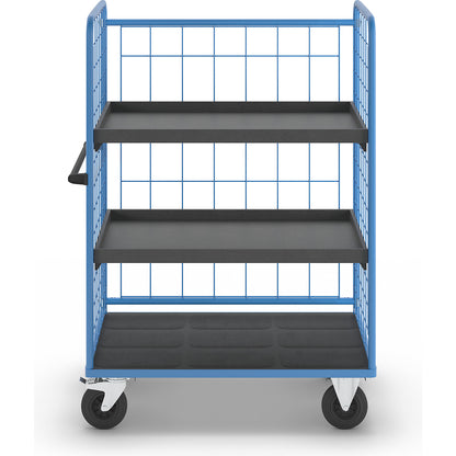 Shelf truck, wire mesh on three sides, max. load 500 kg, solid rubber tyres, platform LxW 1175 x 755 mm, 3 levels, with rim.