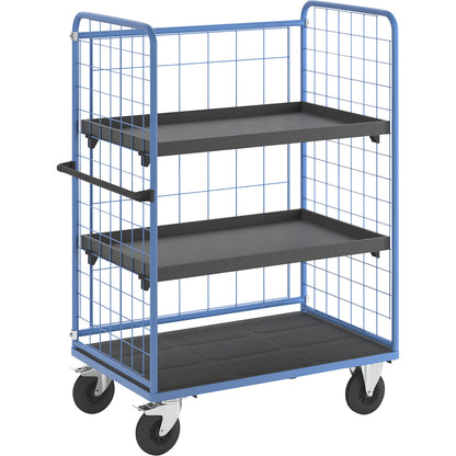 Shelf truck, wire mesh on three sides, max. load 500 kg, solid rubber tyres, platform LxW 1175 x 755 mm, 3 levels, with rim.