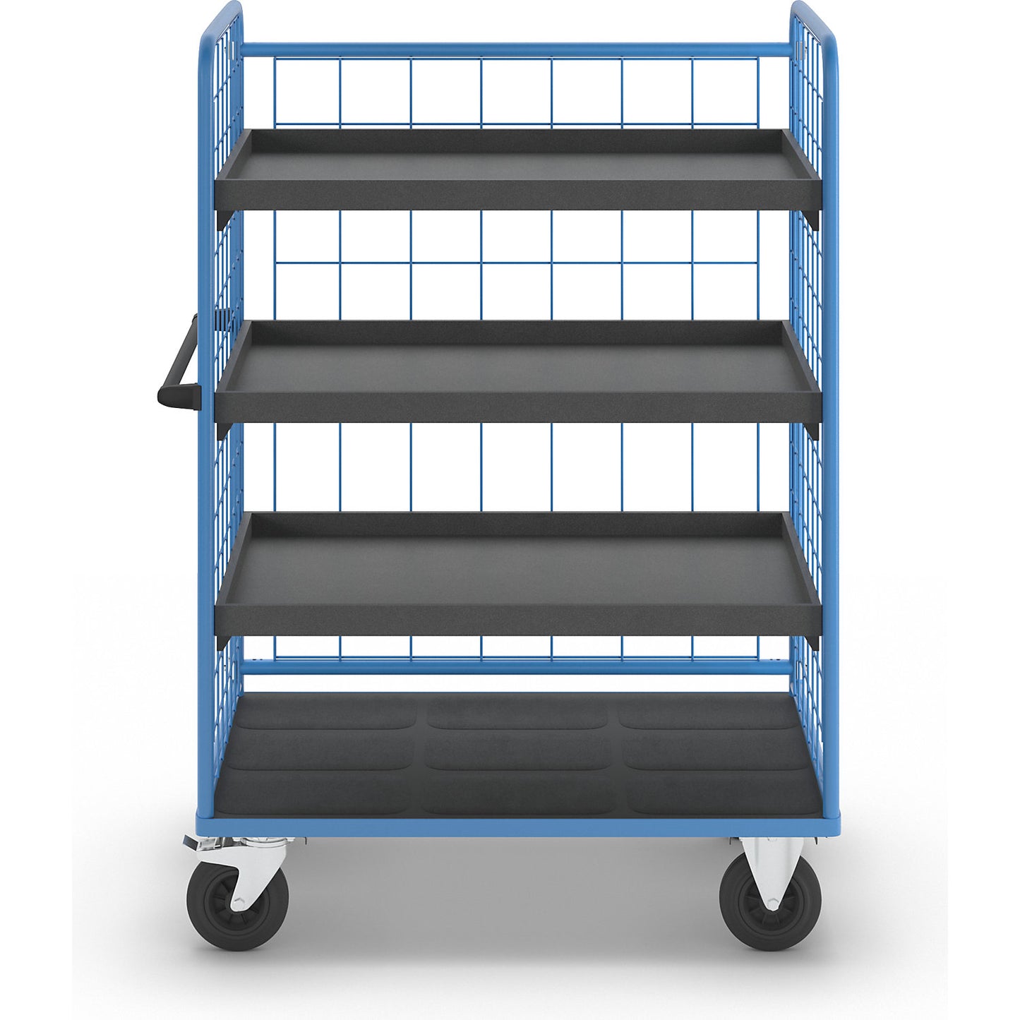 Shelf truck, wire mesh on three sides, max. load 500 kg, solid rubber tyres, platform LxW 1175 x 755 mm, 4 levels, with edge.