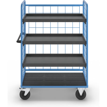 Shelf truck, wire mesh on three sides, max. load 500 kg, solid rubber tyres, platform LxW 1175 x 755 mm, 4 levels, with edge.