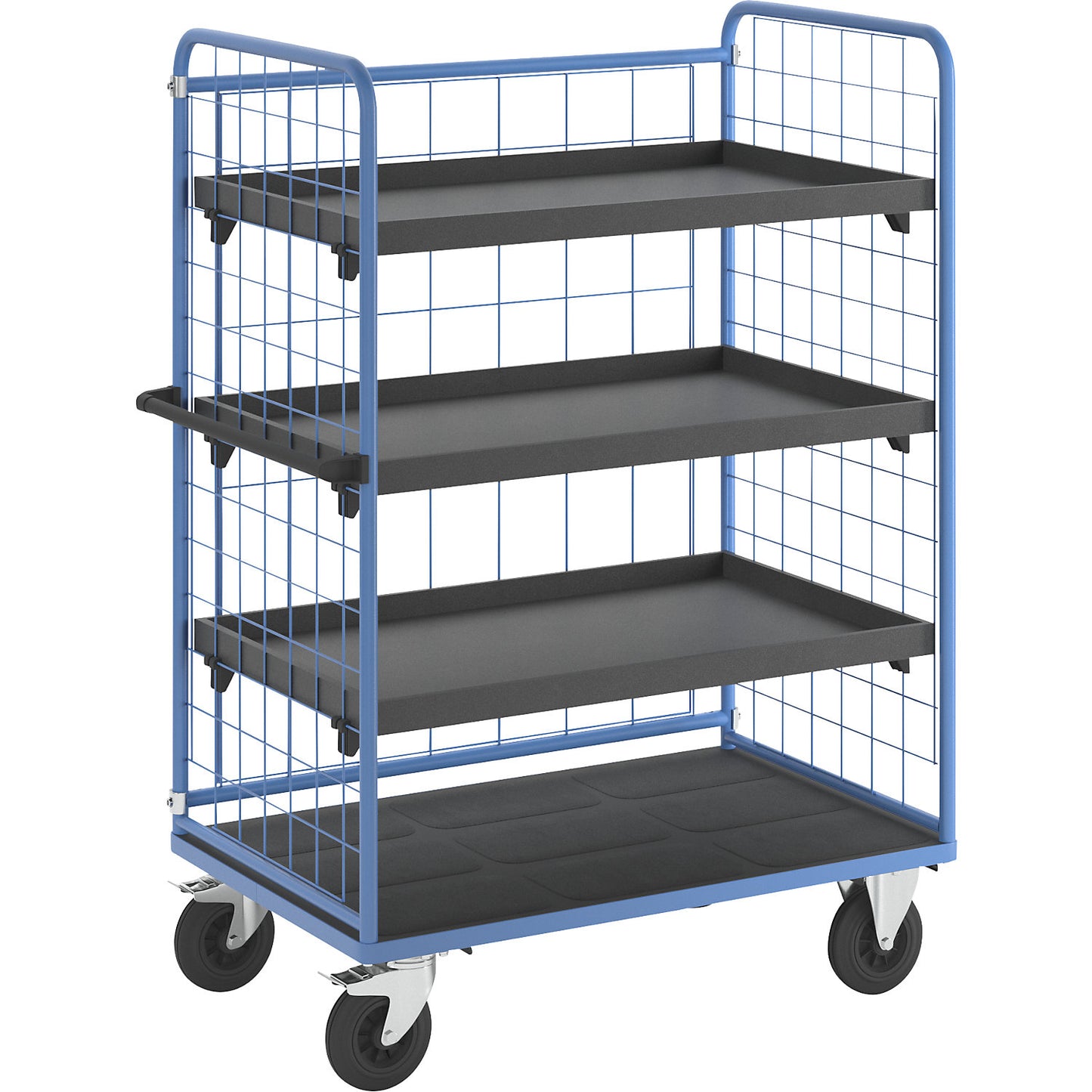 Shelf truck, wire mesh on three sides, max. load 500 kg, solid rubber tyres, platform LxW 1175 x 755 mm, 4 levels, with edge.
