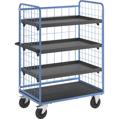 Shelf truck, wire mesh on three sides, max. load 500 kg, solid rubber tyres, platform LxW 1175 x 755 mm, 4 levels, with edge.