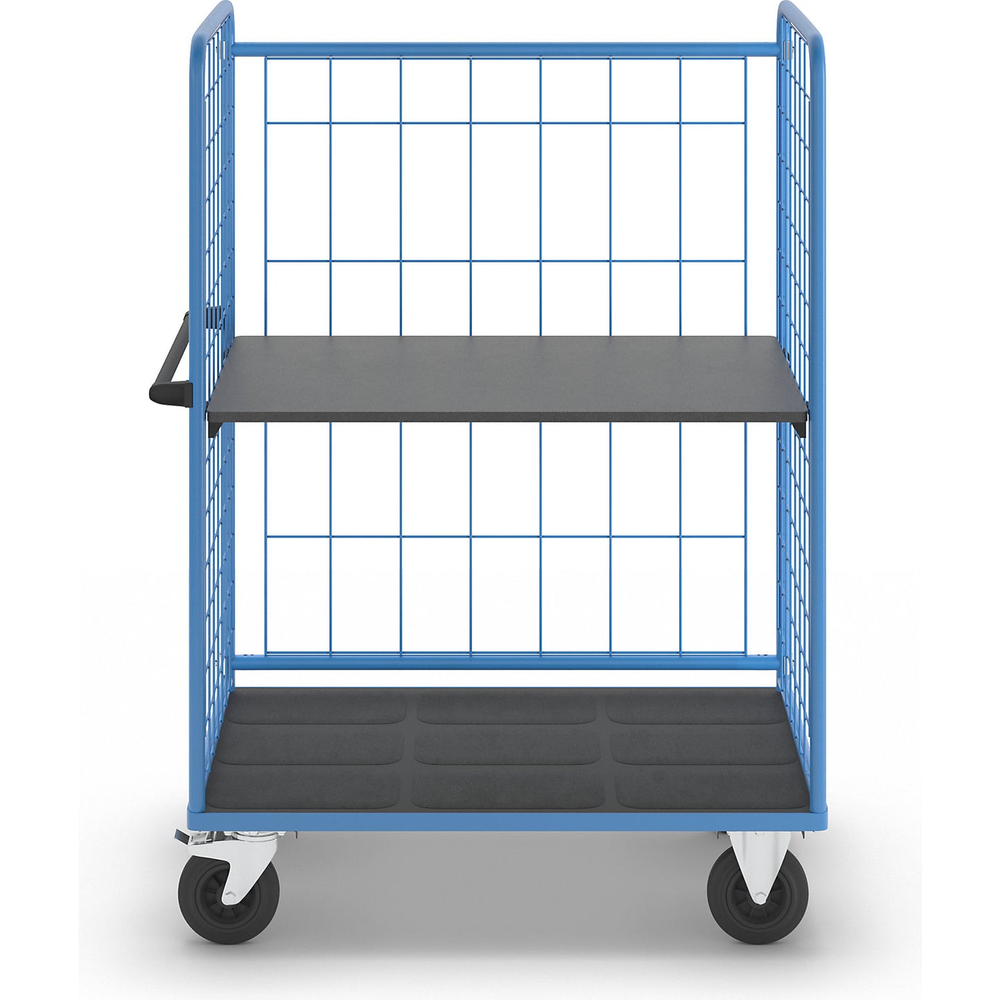 Shelf truck, wire mesh on three sides, max. load 500 kg, solid rubber tyres, platform LxW 1175 x 755 mm, 2 levels.