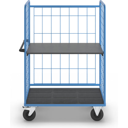 Shelf truck, wire mesh on three sides, max. load 500 kg, solid rubber tyres, platform LxW 1175 x 755 mm, 2 levels.