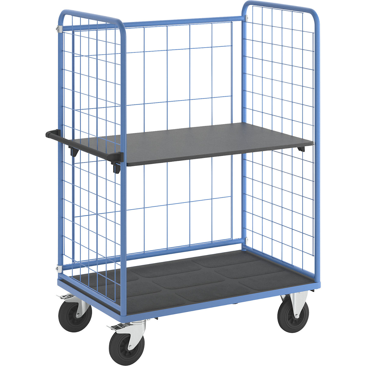 Shelf truck, wire mesh on three sides, max. load 500 kg, solid rubber tyres, platform LxW 1175 x 755 mm, 2 levels.