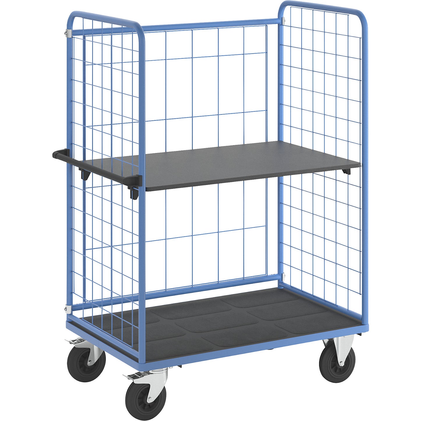 Shelf truck, wire mesh on three sides, max. load 500 kg, solid rubber tyres, platform LxW 1175 x 755 mm, 2 levels.