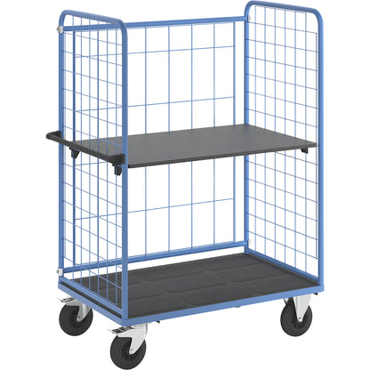 Shelf truck, wire mesh on three sides, max. load 500 kg, solid rubber tyres, platform LxW 1175 x 755 mm, 2 levels.