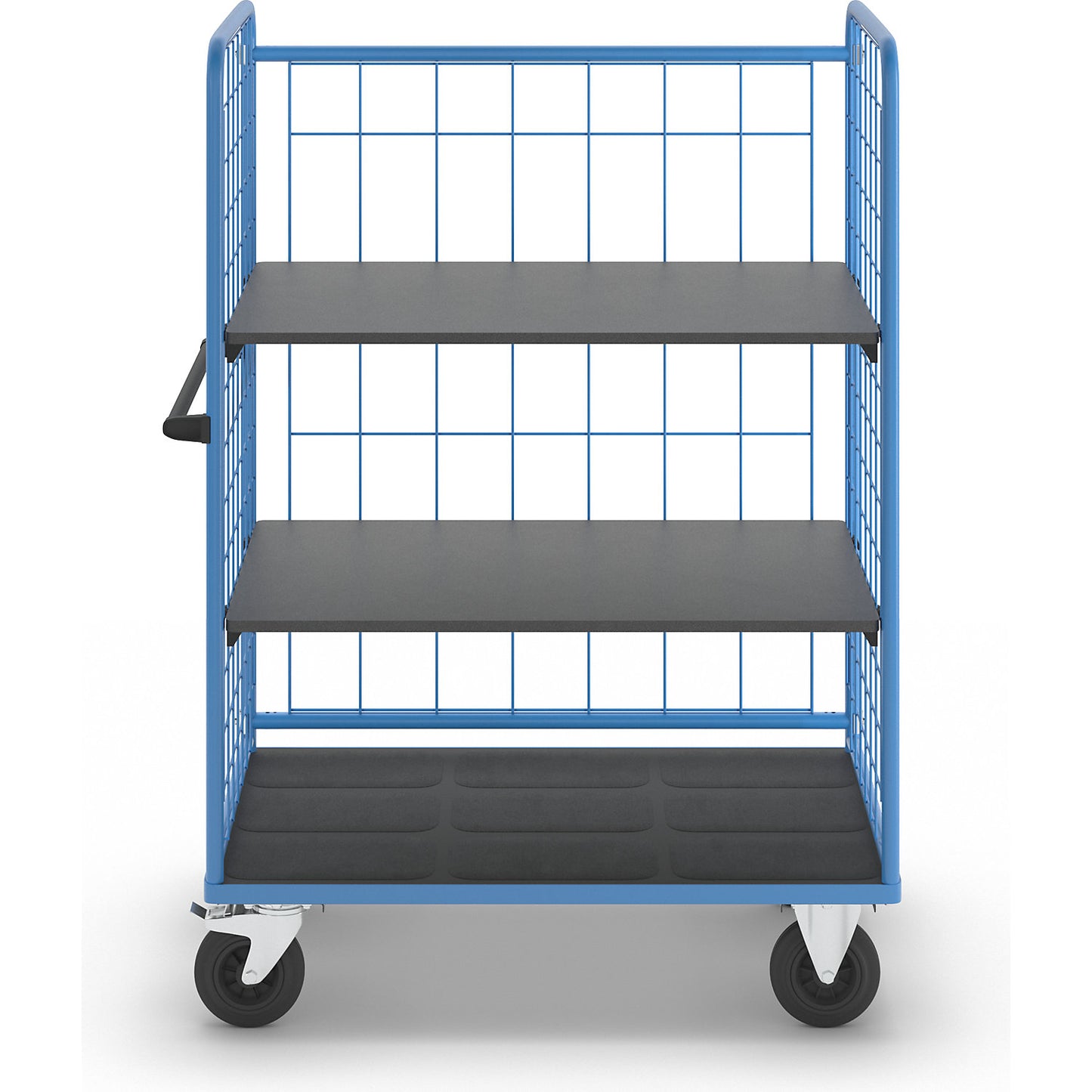 Shelf truck, wire mesh on three sides, max. load 500 kg, solid rubber tyres, platform LxW 1175 x 755 mm, 3 levels.