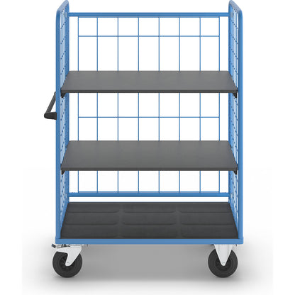 Shelf truck, wire mesh on three sides, max. load 500 kg, solid rubber tyres, platform LxW 1175 x 755 mm, 3 levels.