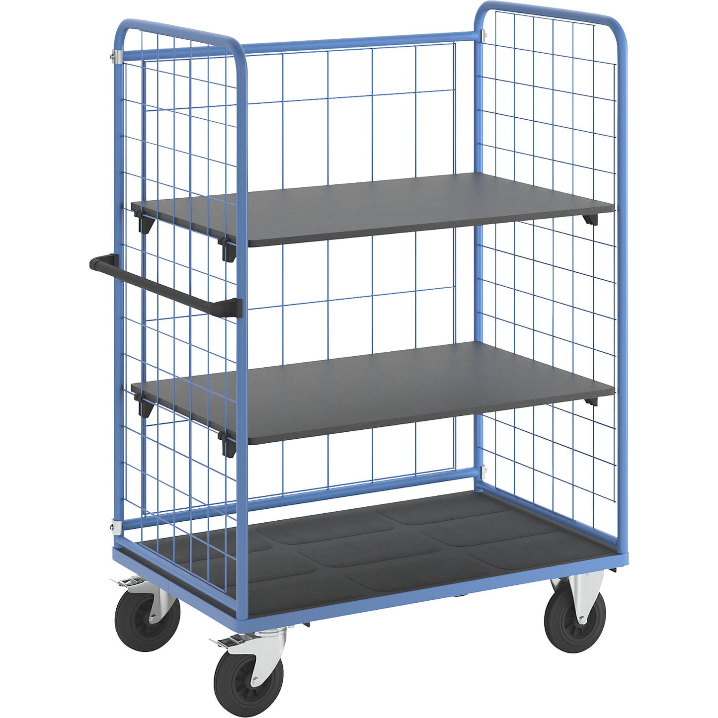 Shelf truck, wire mesh on three sides, max. load 500 kg, solid rubber tyres, platform LxW 1175 x 755 mm, 3 levels.