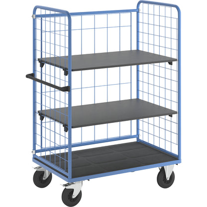 Shelf truck, wire mesh on three sides, max. load 500 kg, solid rubber tyres, platform LxW 1175 x 755 mm, 3 levels.