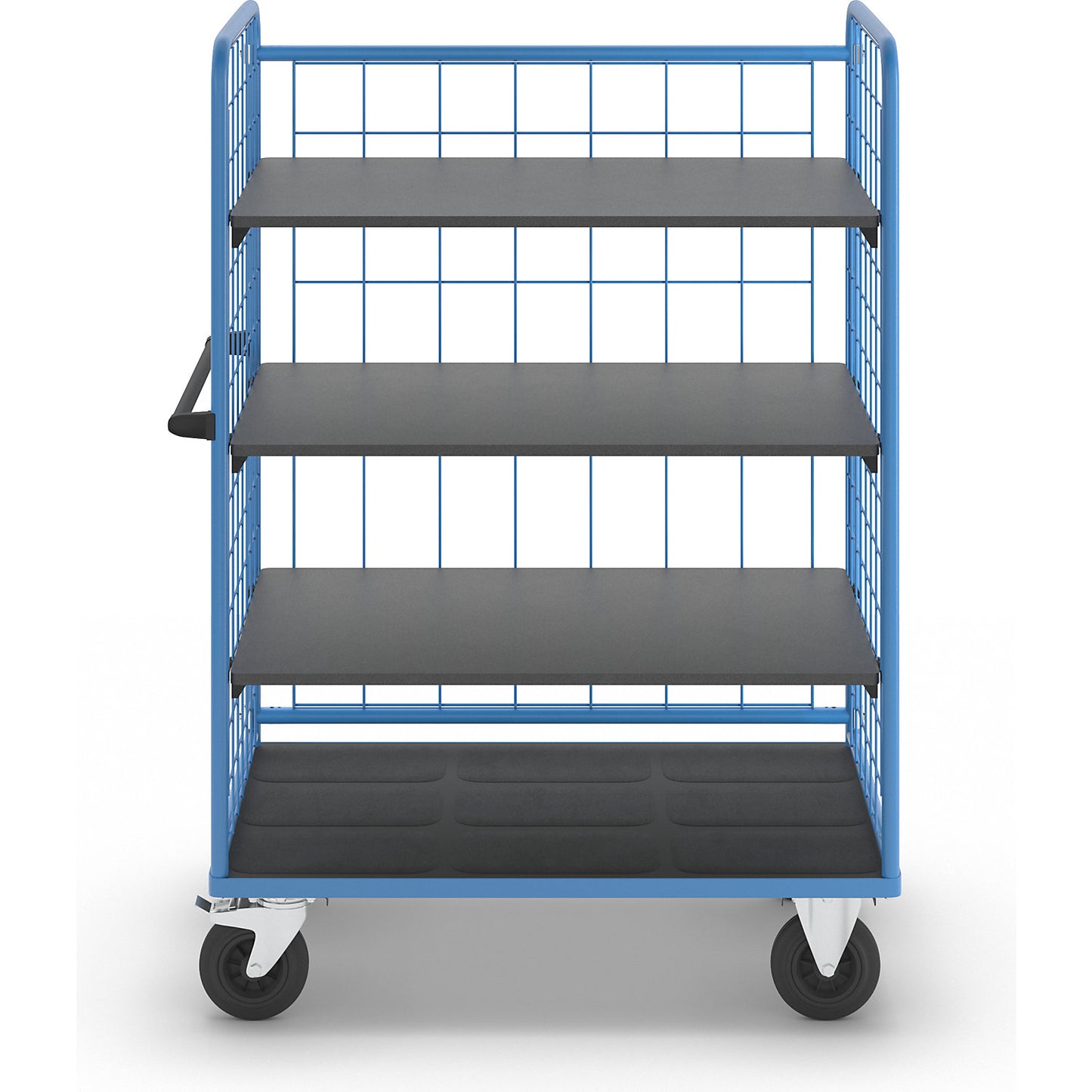 Shelf truck, wire mesh on three sides, max. load 500 kg, solid rubber tyres, platform LxW 1175 x 755 mm, 4 levels.