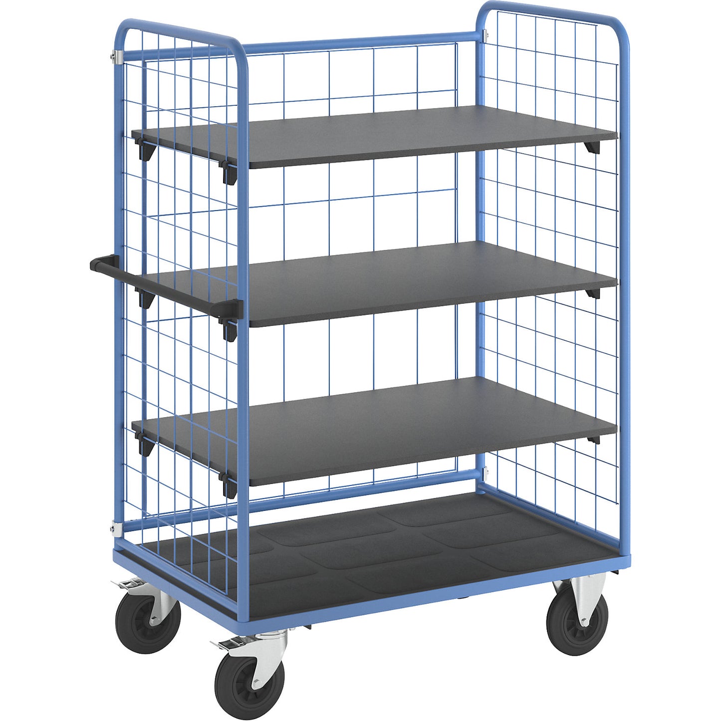 Shelf truck, wire mesh on three sides, max. load 500 kg, solid rubber tyres, platform LxW 1175 x 755 mm, 4 levels.