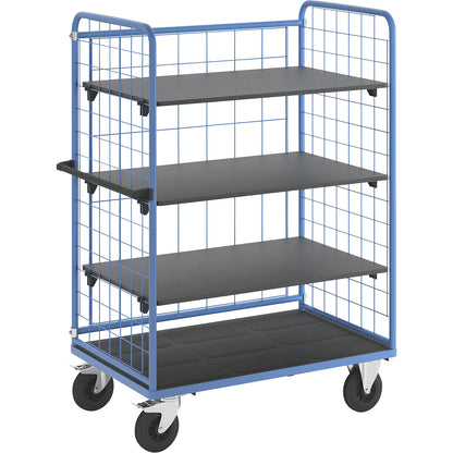 Shelf truck, wire mesh on three sides, max. load 500 kg, solid rubber tyres, platform LxW 1175 x 755 mm, 4 levels.