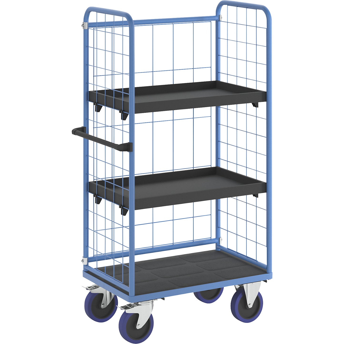 Shelf truck, with mesh panels on three sides, platform LxW 940 x 730 mm, 3 levels, with rim.