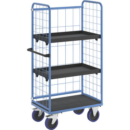 Shelf truck, with mesh panels on three sides, platform LxW 940 x 730 mm, 3 levels, with rim.