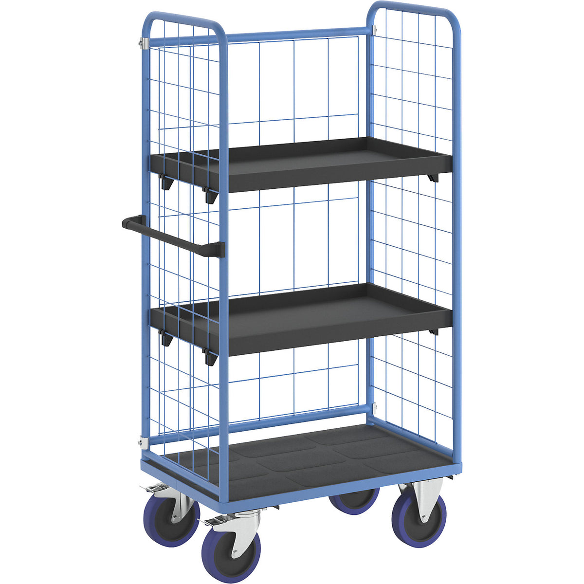 Shelf truck, with mesh panels on three sides, platform LxW 940 x 730 mm, 3 levels, with rim.