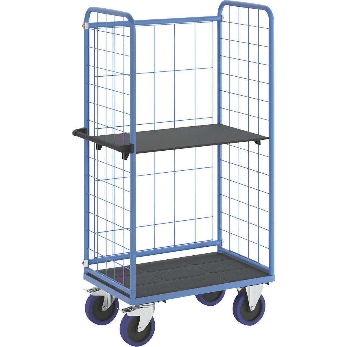 Shelf truck, with mesh panels on three sides, platform LxW 940 x 730 mm, 2 levels.