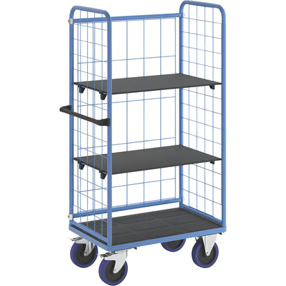 Shelf truck, with mesh panels on three sides, platform LxW 940 x 730 mm, 3 levels.