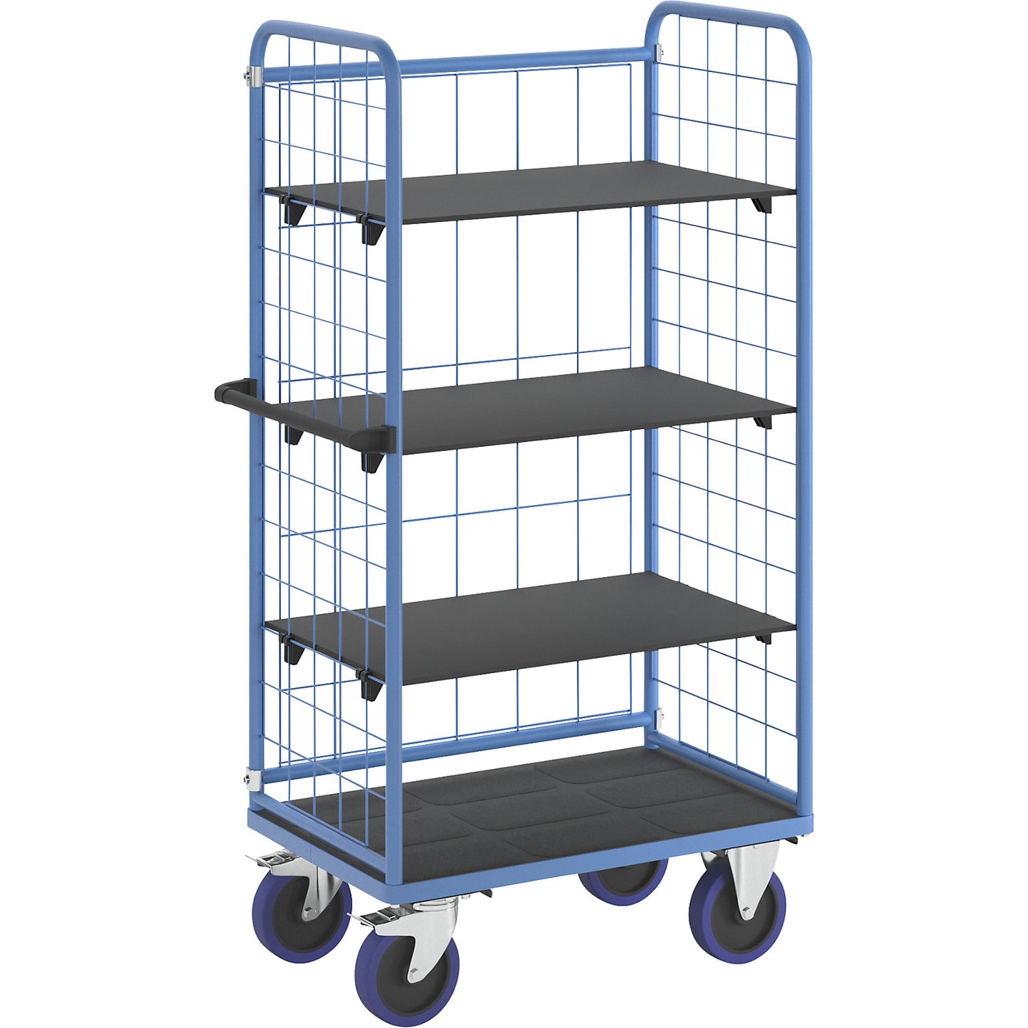 Shelf truck, with mesh panels on three sides, platform LxW 940 x 730 mm, 4 levels.