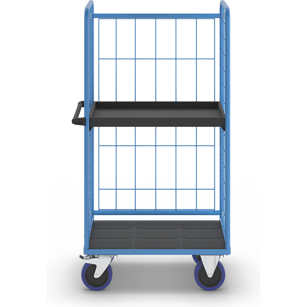 Shelf truck, with mesh panels on three sides, platform LxW 940 x 730 mm, 2 levels, with edge.
