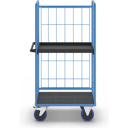 Shelf truck, with mesh panels on three sides, platform LxW 940 x 730 mm, 2 levels, with edge.
