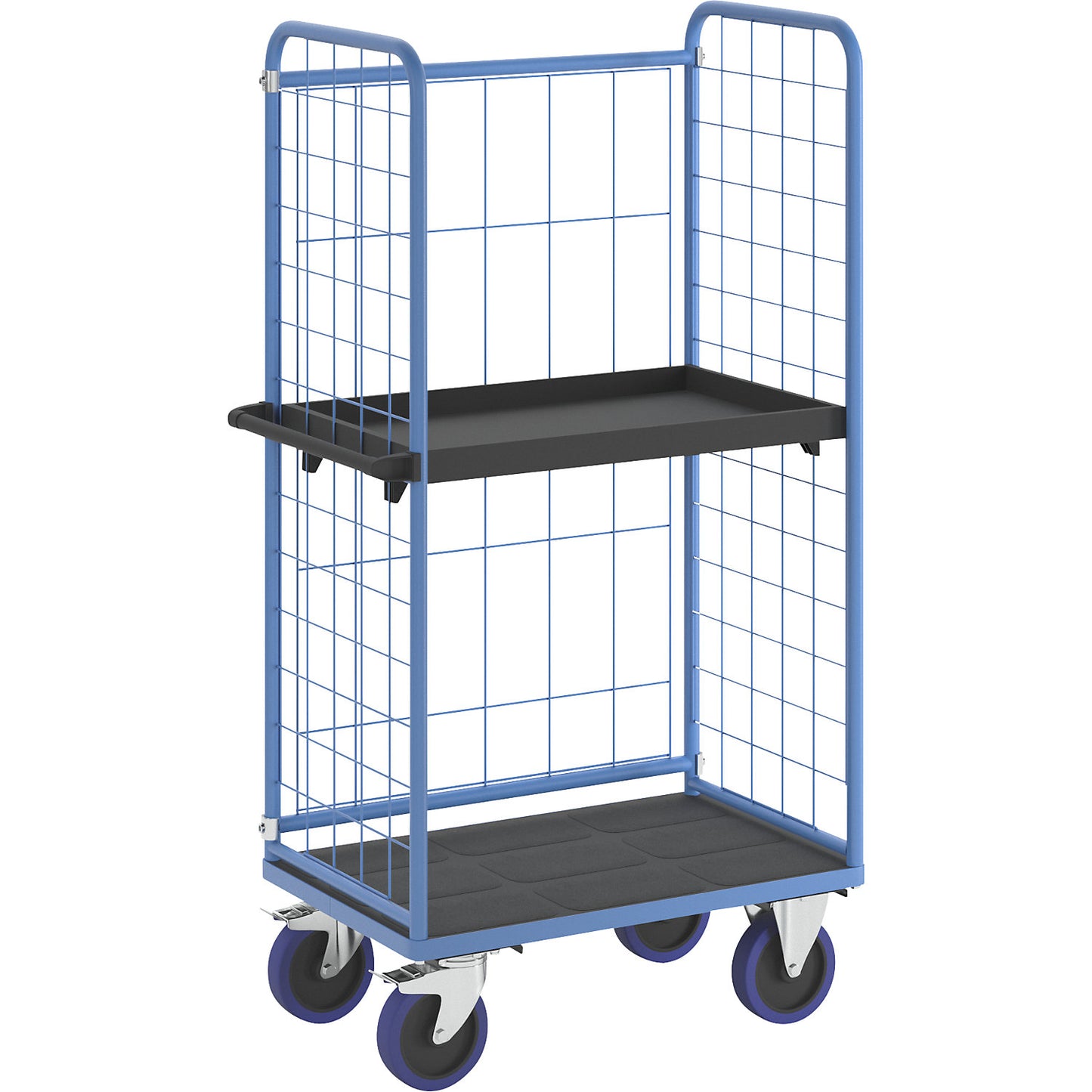 Shelf truck, with mesh panels on three sides, platform LxW 940 x 730 mm, 2 levels, with edge.