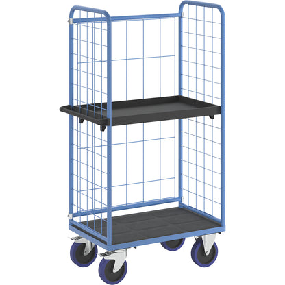 Shelf truck, with mesh panels on three sides, platform LxW 940 x 730 mm, 2 levels, with edge.