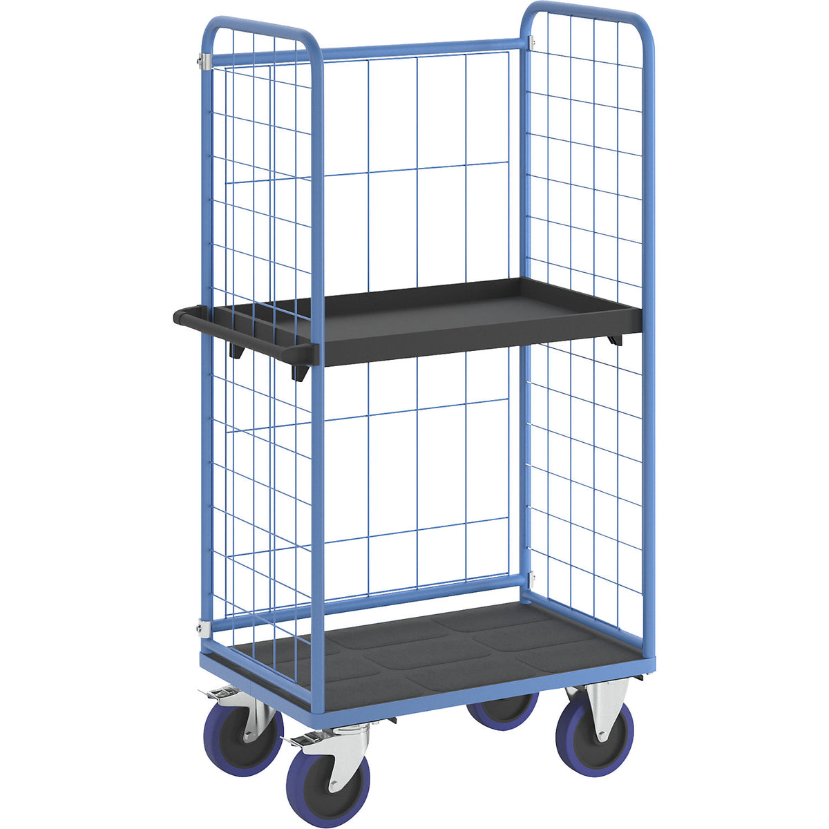 Shelf truck, with mesh panels on three sides, platform LxW 940 x 730 mm, 2 levels, with edge.