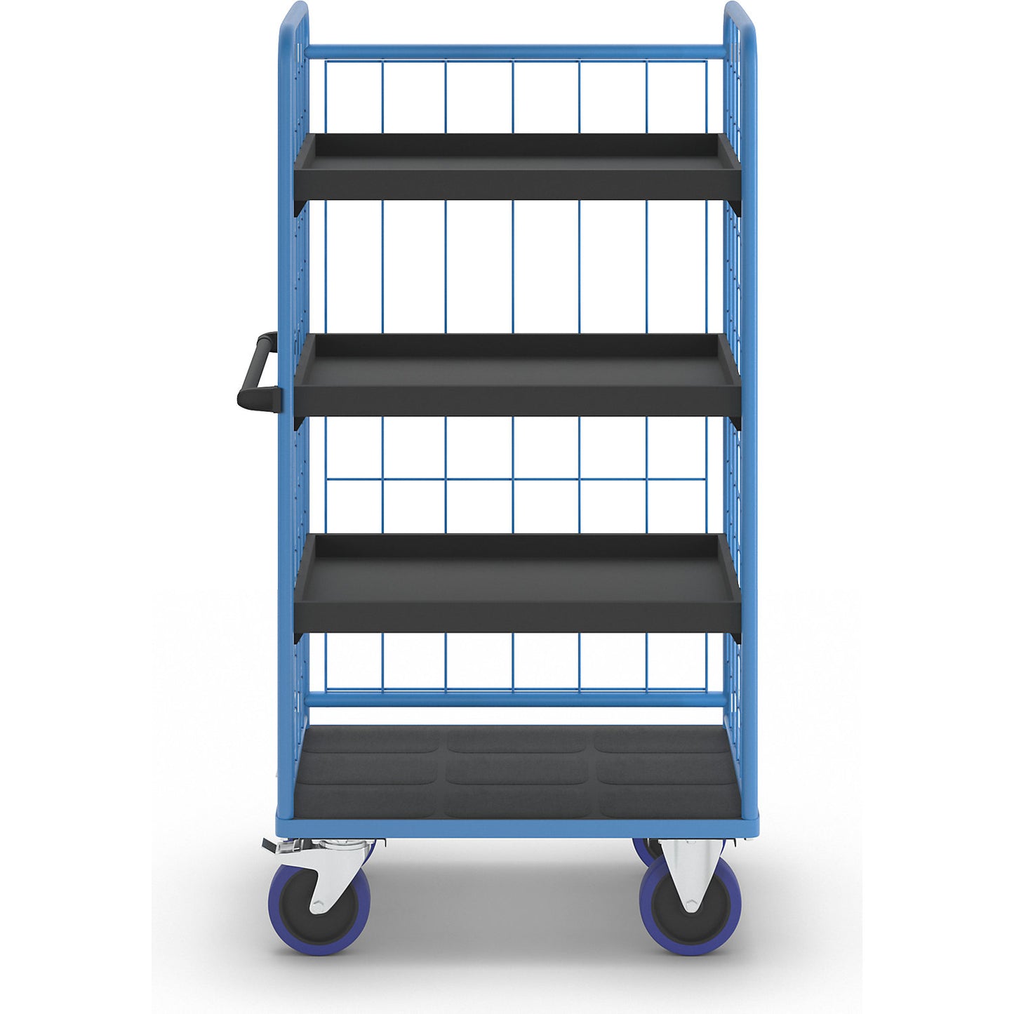 Shelf truck, with mesh panels on three sides, platform LxW 940 x 730 mm, 4 levels, with edge.