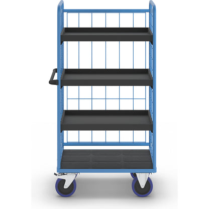 Shelf truck, with mesh panels on three sides, platform LxW 940 x 730 mm, 4 levels, with edge.