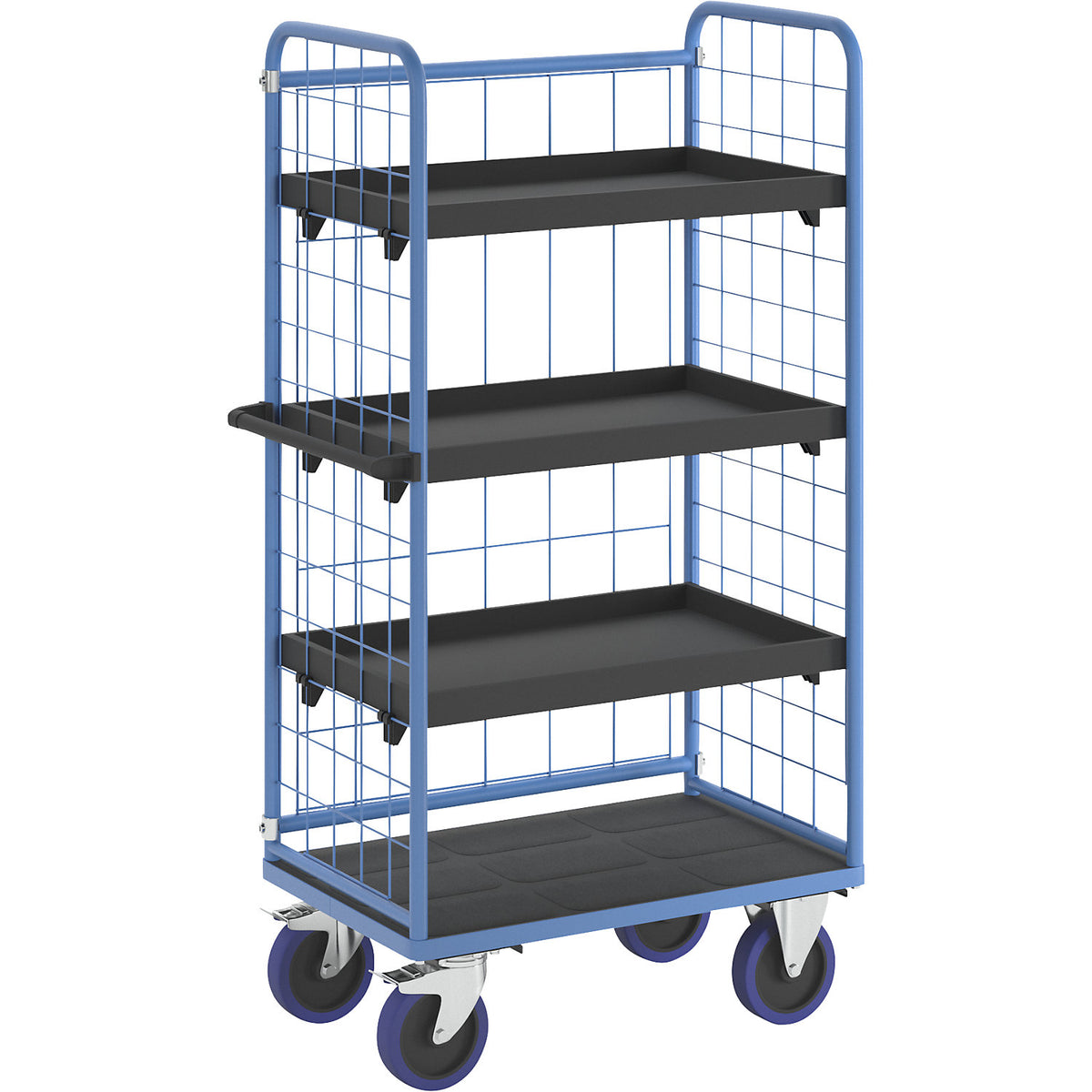 Shelf truck, with mesh panels on three sides, platform LxW 940 x 730 mm, 4 levels, with edge.