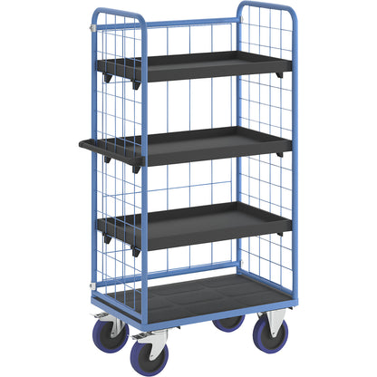 Shelf truck, with mesh panels on three sides, platform LxW 940 x 730 mm, 4 levels, with edge.