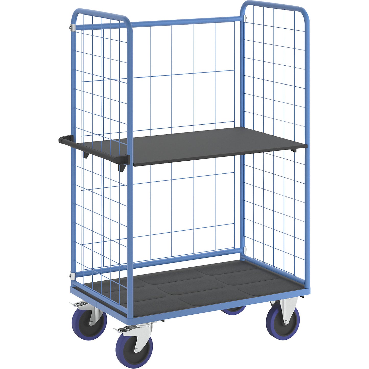 Shelf truck, with mesh panels on three sides, platform LxW 1140 x 730 mm, 2 levels.