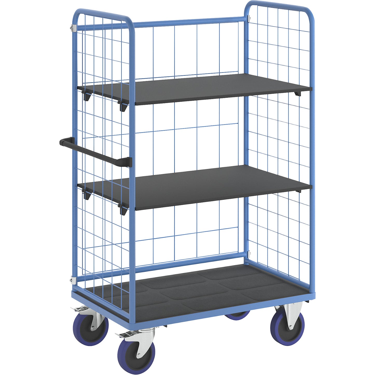 Shelf truck, with mesh panels on three sides, platform LxW 1140 x 730 mm, 3 levels.