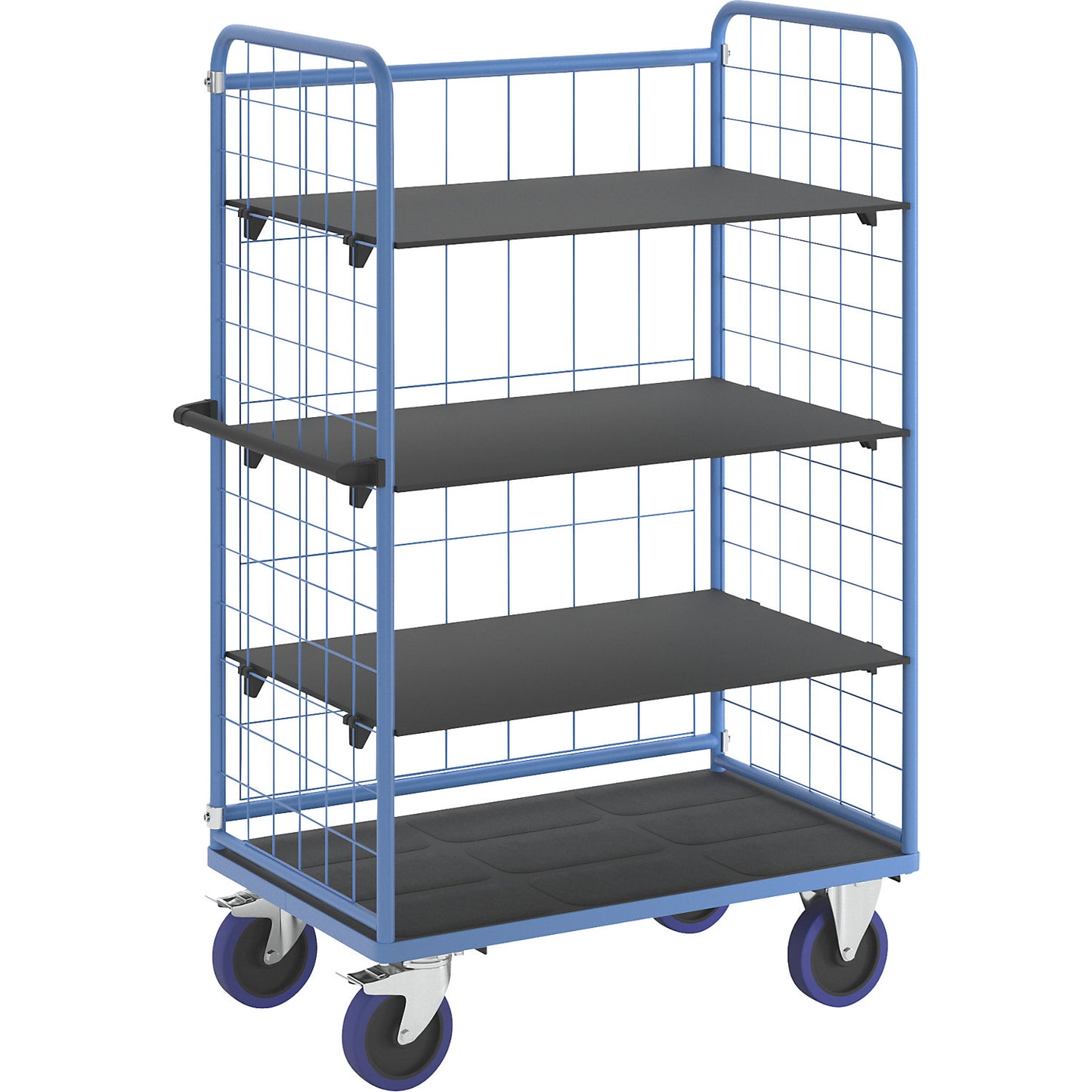 Shelf truck, with mesh panels on three sides, platform LxW 1140 x 730 mm, 4 levels.
