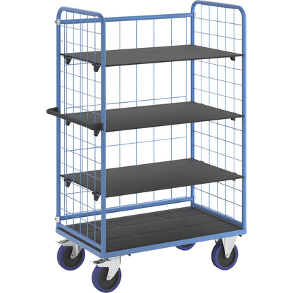 Shelf truck, with mesh panels on three sides, platform LxW 1140 x 730 mm, 4 levels.