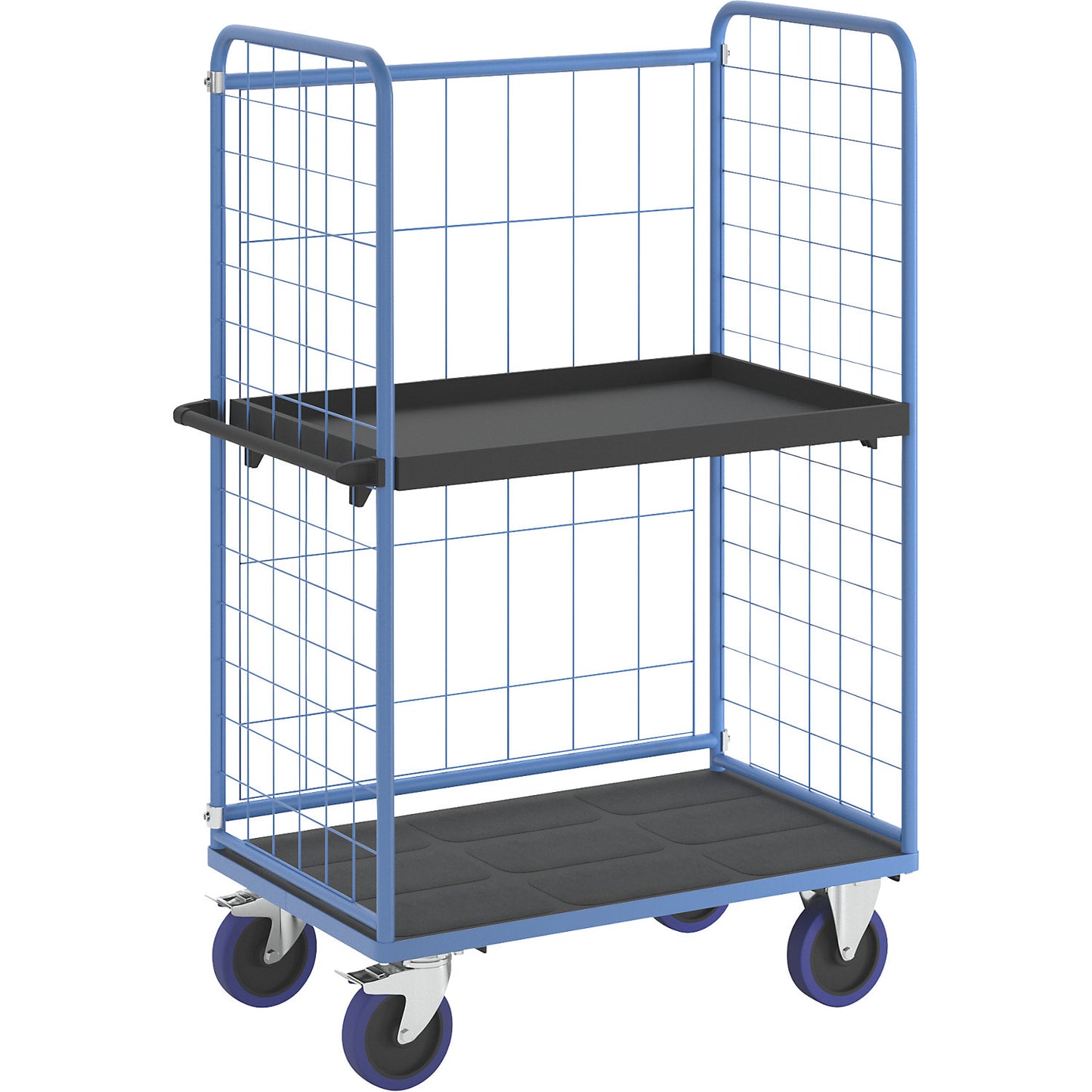 Shelf truck, with mesh panels on three sides, platform LxW 1140 x 730 mm, 2 levels, with edge.