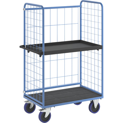 Shelf truck, with mesh panels on three sides, platform LxW 1140 x 730 mm, 2 levels, with edge.