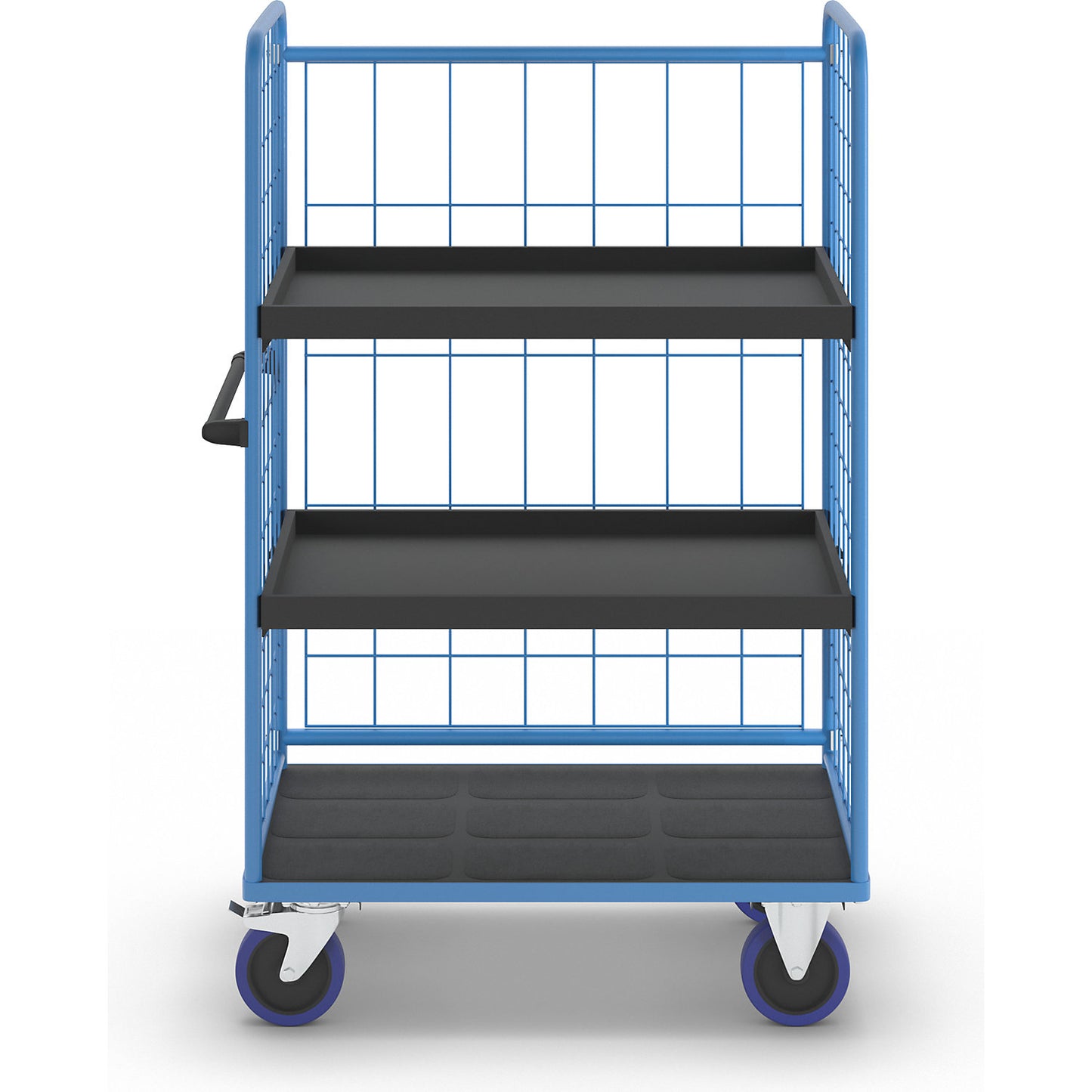 Shelf truck, with mesh panels on three sides, platform LxW 1140 x 730 mm, 3 levels, with edge.