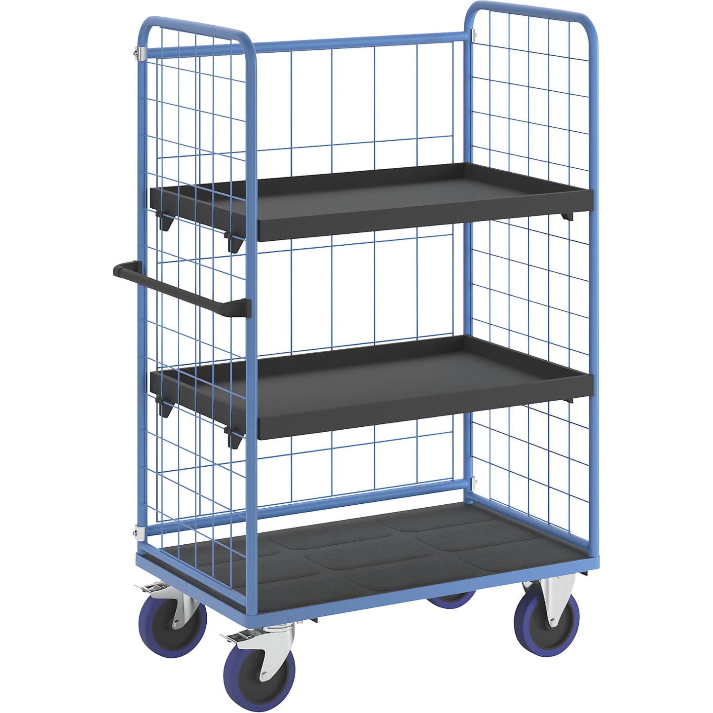 Shelf truck, with mesh panels on three sides, platform LxW 1140 x 730 mm, 3 levels, with edge.