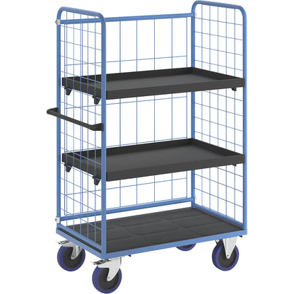 Shelf truck, with mesh panels on three sides, platform LxW 1140 x 730 mm, 3 levels, with edge.