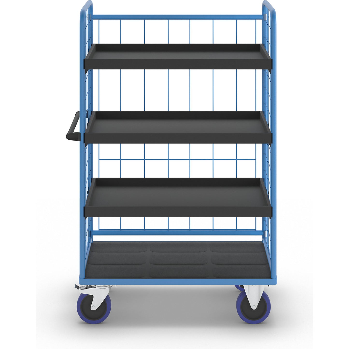Shelf truck, with mesh panels on three sides, platform LxW 1140 x 730 mm, 4 levels, with rim.
