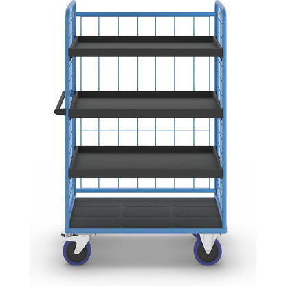 Shelf truck, with mesh panels on three sides, platform LxW 1140 x 730 mm, 4 levels, with rim.