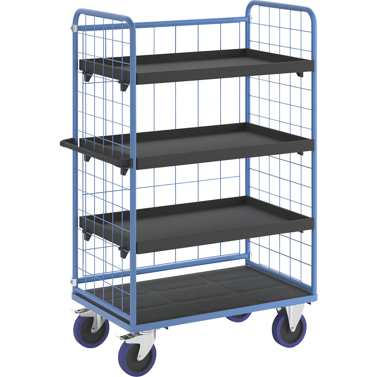 Shelf truck, with mesh panels on three sides, platform LxW 1140 x 730 mm, 4 levels, with rim.