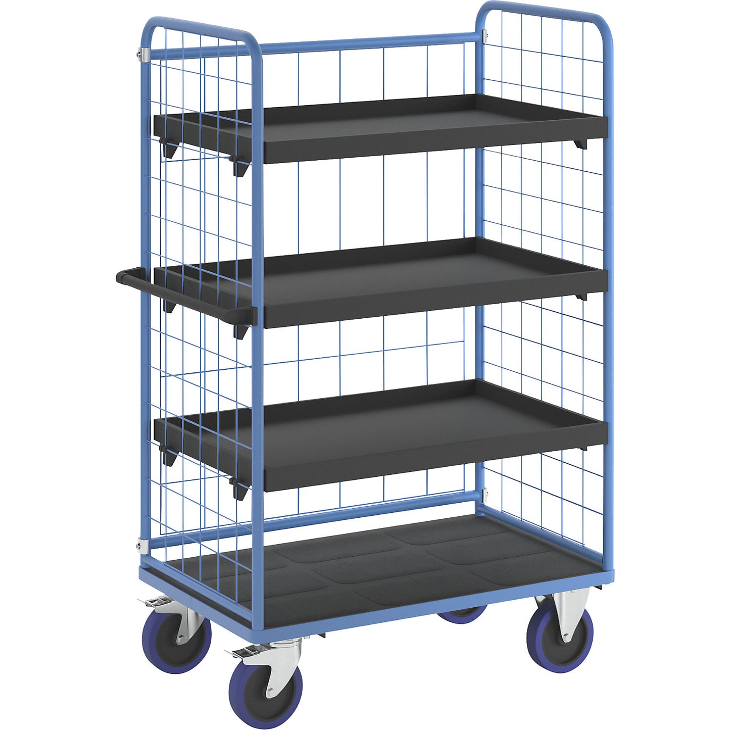 Shelf truck, with mesh panels on three sides, platform LxW 1140 x 730 mm, 4 levels, with rim.